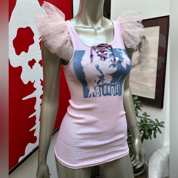 BLONDIE inspired 80s singer distressed rocking ribbed graffiti soft tank top S - Picture 1 of 17